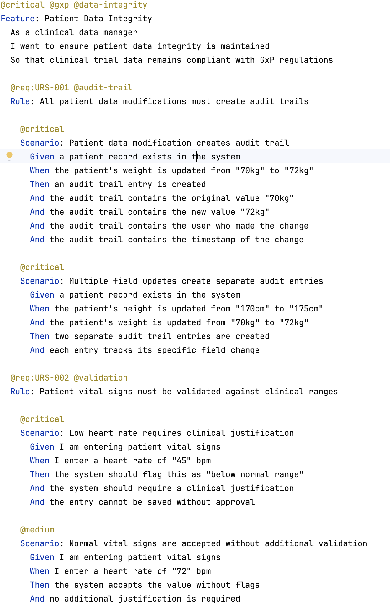 Image showing part of a specification with tags written in Gherkin